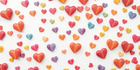 Vibrant rainbow hearts scattered on white, design, illustration