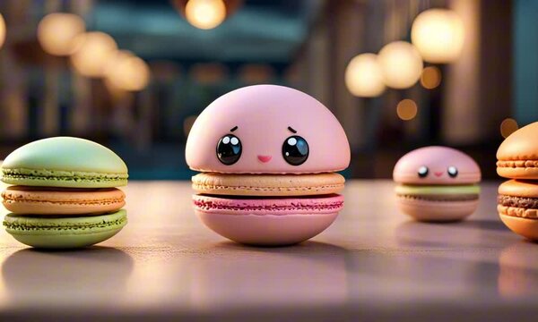 3d playful macaron cartoon character mascot digital art with pastel-colored shells, set in a whimsical Parisian caf&eacute; scene illuminated by soft lighting
