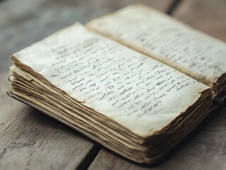 Vintage book resting on rustic wooden table in soft natural light.