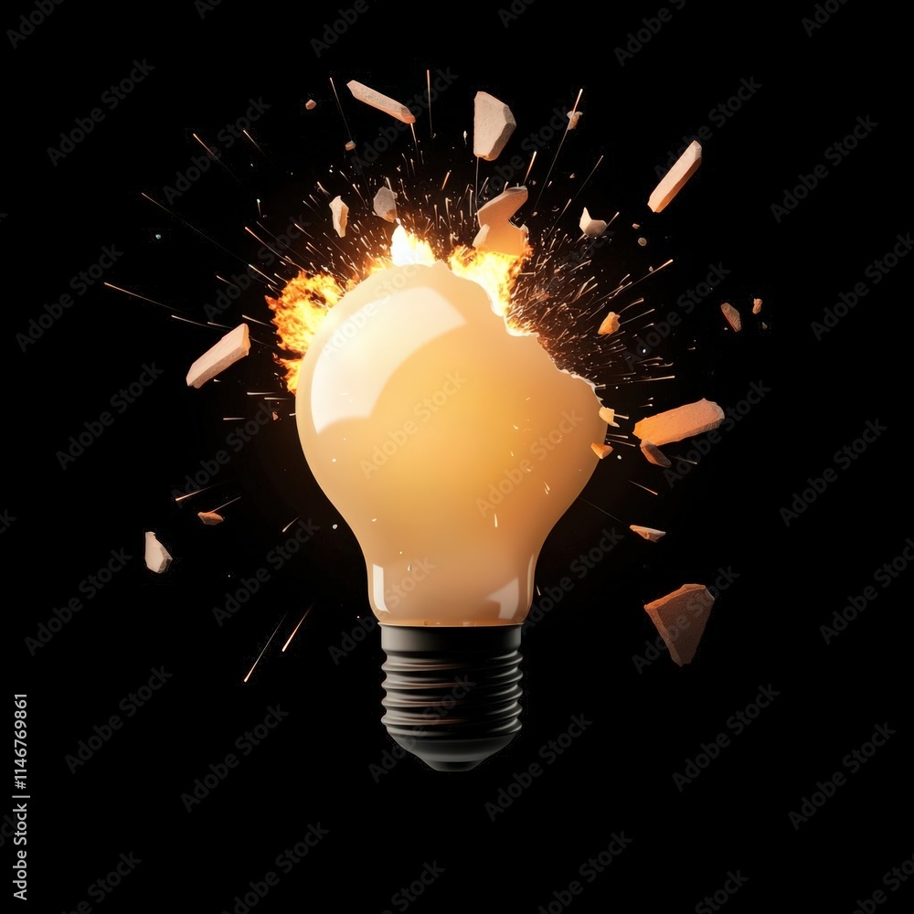 Poster lightbulb ideas brainstorm efficiency. a light bulb shattering with an explosion of sparks against a