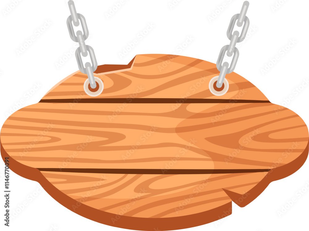 Poster oval wooden signboard with rounded edges is hanging from two metal chains on white background, creat