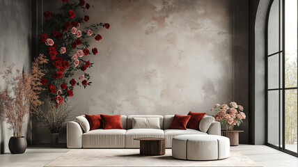 Luxurious Minimalist Living Room with Velvet Valentine Wallpaper and Elegant Rose Motifs