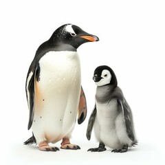 Obraz premium Adult gentoo penguin standing proudly next to its adorable baby chick, showcasing the beautiful contrast in their plumage
