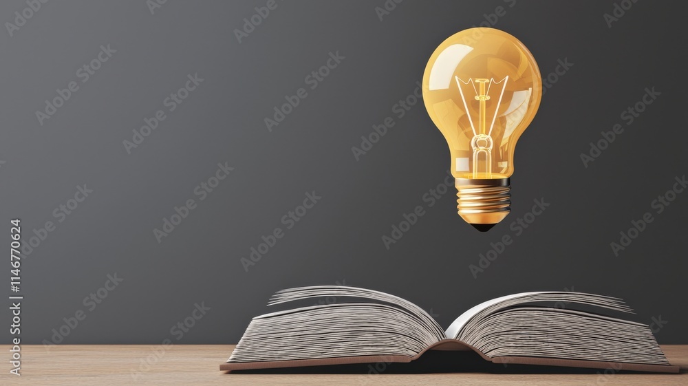 Poster lightbulb ideas brainstorm efficiency. an open book with a glowing light bulb above, symbolizing ide