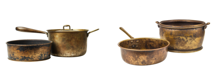 Old brass pot and pan isolated on a white or transparent background, Cut out PNG