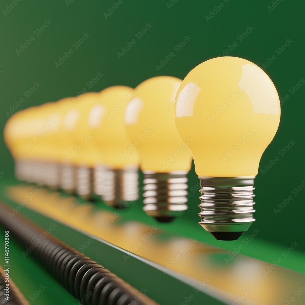 Poster lightbulb ideas brainstorm efficiency. illuminated light bulbs in a row against a green background, 