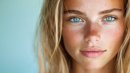 Obraz premium Close-up portrait of a young woman with freckles and blue eyes. (1)