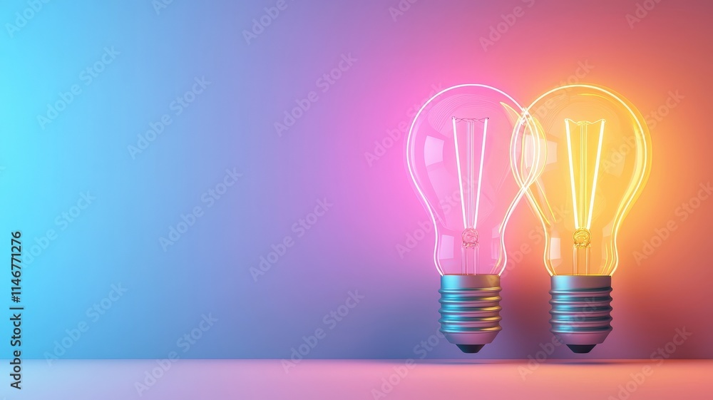 Poster lightbulb ideas brainstorm efficiency. two glowing light bulbs on a gradient background create a vib