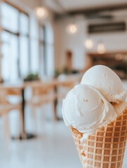 Scoops of white ice cream on a waffle cone against the background of a coffee shop