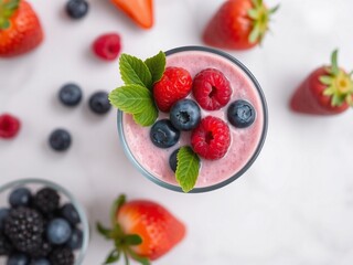 A refreshing smoothie topped with berries and mint, surrounded by fresh fruits.