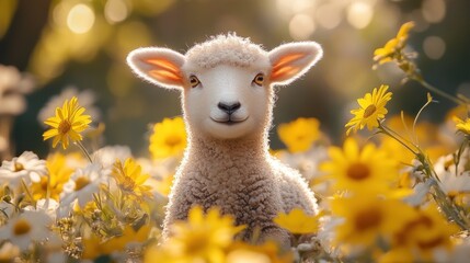 Cute lamb in a field of yellow and white flowers.