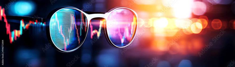 Poster analyzing stock market trends through binocular lenses a close-up view of charts and data in an urba