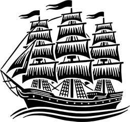 Black and White Vintage Ship Silhouette, Sailing Vessel Illustration, Nautical Design for Maritime Themes, Wall Art, Logos, or Tattoo Concepts