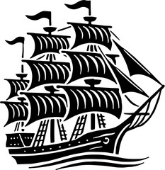 Black and White Vintage Ship Silhouette, Sailing Vessel Illustration, Nautical Design for Maritime Themes, Wall Art, Logos, or Tattoo Concepts