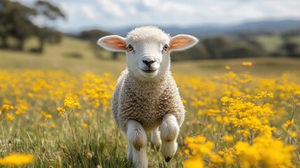 Obraz premium Cute lamb leaping in yellow wildflowers.