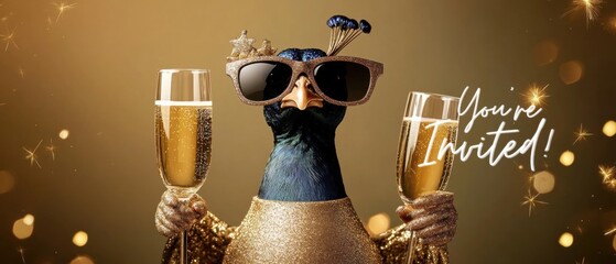 Stylish Peacock Celebrates with Champagne,  Party Invitation Concept