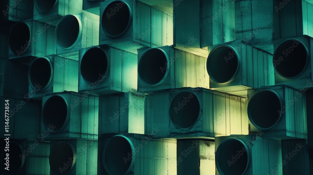 Poster abstract composition featuring geometric shapes of cylindrical pipes arranged in a grid pattern with