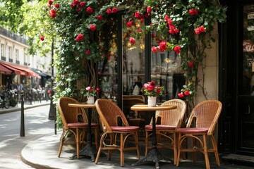 Obraz premium A charming caf? terrace adorned with flowers, inviting relaxation and socializing.