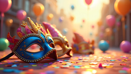 Festive Mardi Gras masks on a lively street with colorful balloons and confetti in warm sunset light