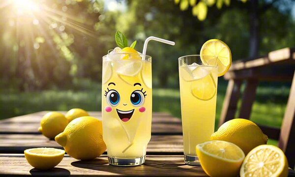 3d fizzy lemonade cartoon character mascot digital art with a clear cup and a slice of lemon, sitting on a summer picnic table with sunlight streaming through the trees