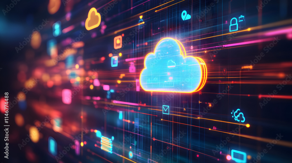 Poster abstract digital illustration of a glowing blue cloud icon within a vibrant network of data streams 