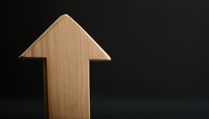 Fototapeta premium Minimalist wooden arrow on black background. Wood pointer, forward direction, up.
