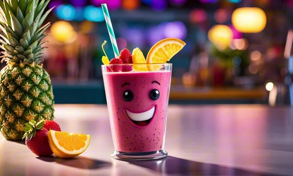 3d vibrant smoothie cartoon character mascot digital art with fruit slices in a colorful juice bar