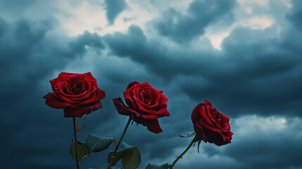 Crimson roses against a dramatic stormy sky, close-up shot, Minimalist style