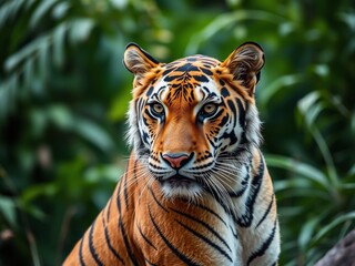 A close-up of a majestic tiger with striking orange and black stripes in a lush green setting.