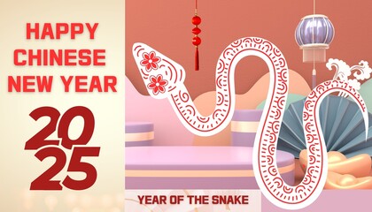 Happy Chinese New Year 2025 design with snake drawing and Chinese shapes.year of the snake.