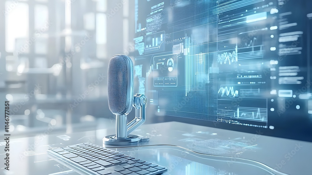 Poster a microphone on a desk with digital data visuals, symbolizing audio technology and analytics.