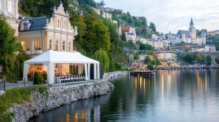 Obraz premium Lakeside villa with event tent at dusk.