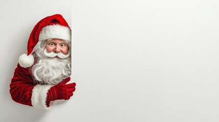 Cute Santa peeping behind a board. Christmas holiday greeting card design background template.