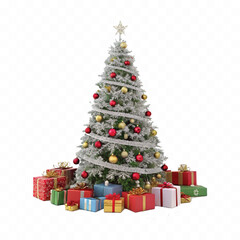 Abstract 3d Christmas tree with beautiful ornaments and many gift box isolated on white background