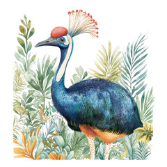 Obraz premium Colorful Illustration of Cassowary Surrounded by Tropical Foliage with Lush Greenery and Vibrant Colors