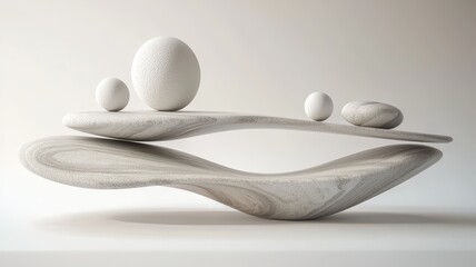 A minimalist sculpture featuring smooth, flowing shapes with balanced spheres, showcasing elegance and harmony in design.