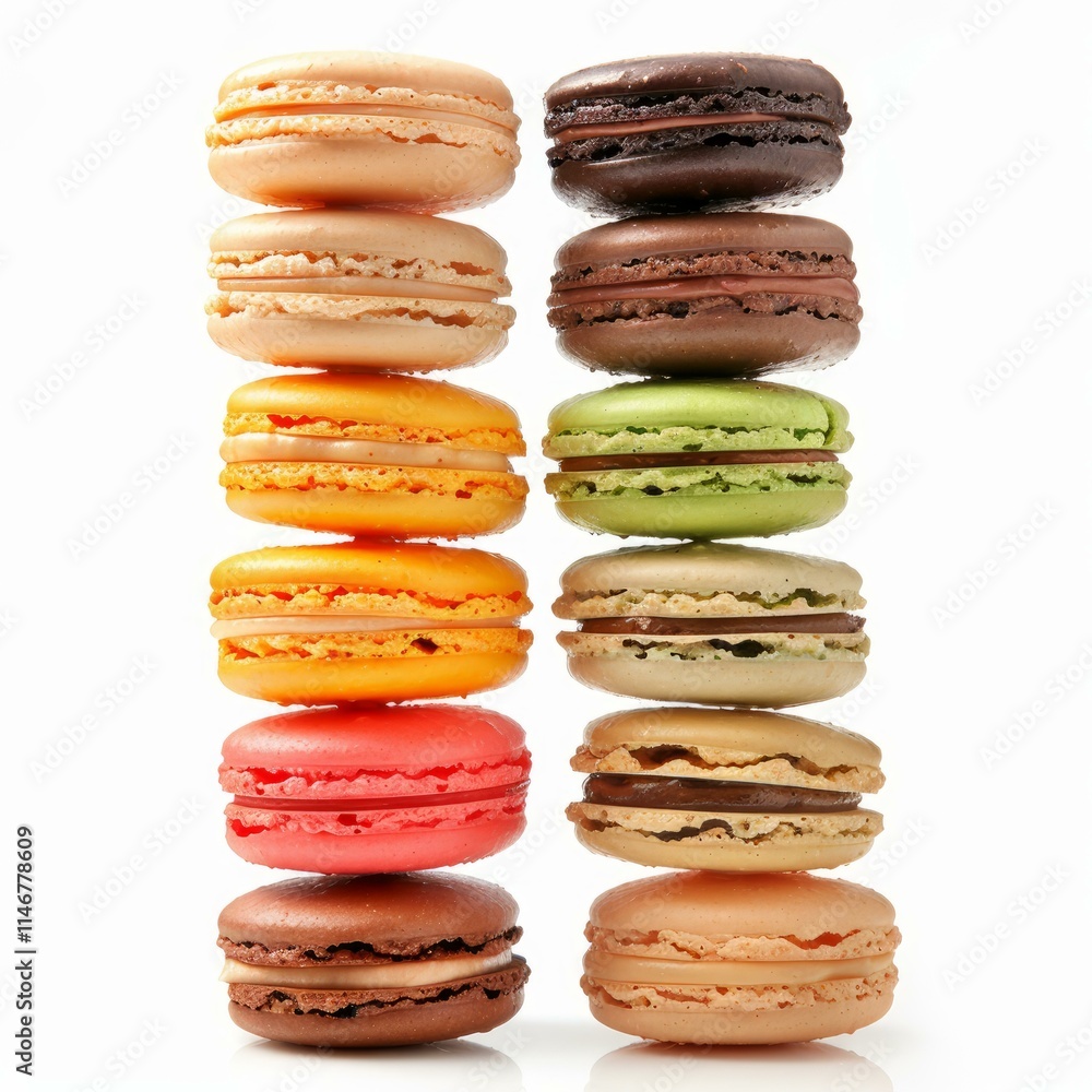 Poster two stacks of delicious colorful macarons balancing on a white background, creating a visually appea