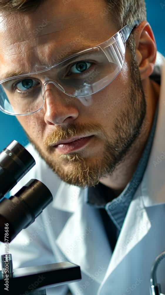 Poster researcher analyzes samples using microscope in laboratory setting during daytime