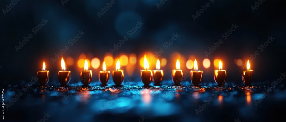 Poster a serene arrangement of illuminated candles flickers against a dark background, creating a calming a
