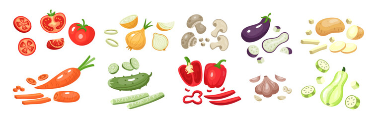 Salad slice. Vegetable pieces. Tomato and carrot chopping. Food icon. Cutting knife for cooking ingredients. Fresh products. Meal preparation. Recipe for kitchen. Ripe pepper or onion. Vector tidy set