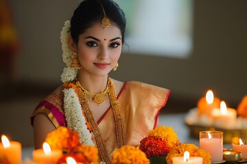 Stunning Indian Bride in Red Bindi and Golden Sari