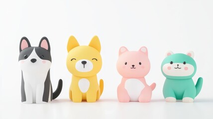 Four cute, stylized animal figures, including a dog, cat, and two playful designs, set against a minimalist white background.