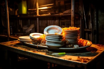 Dirty ceramic dishes on the table. Selective focus.