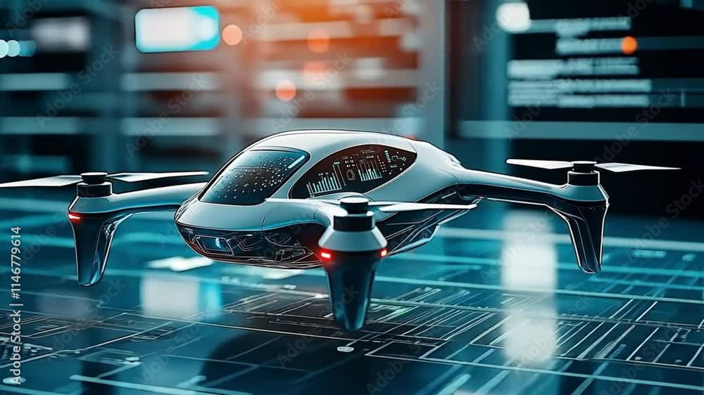Poster A futuristic drone hovering over a high-tech table in a sleek laboratory environment. Concept of innovation in drone technology and advanced aerial systems.