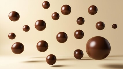 Fototapeta premium Brown chocolate spheres 3D floating in the air, mocha mousse food art, gravity