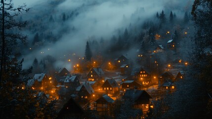 Fototapeta premium Misty mountain village at night with glowing windows.