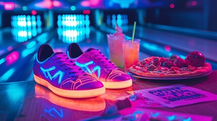 A vibrant scene featuring glowing sneakers beside colorful drinks and pizza, capturing the essence of a lively night at the bowling alley filled with fun and excitement.