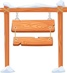 Wooden sign hanging from a snowy wooden signpost, secured with chains and ropes, providing an ideal backdrop for winter or Christmas announcements and messages