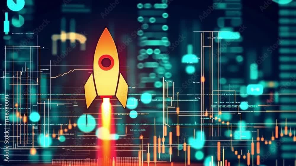 Poster a symbolic rocket takeoff integrated into a digital data interface with financial graphs. concept of