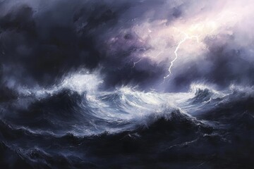 Fototapeta premium A dramatic seascape depicting turbulent waves and lightning in a stormy sky.